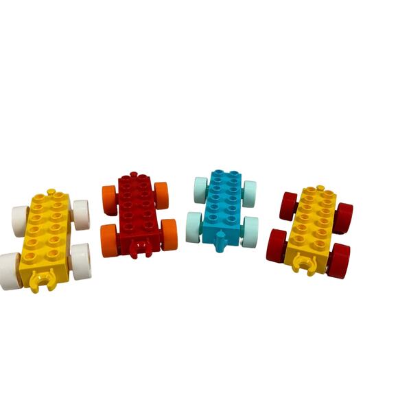Lot of 4 Lego Duplo 2 X 6 Train Car Wheel Base w/ Hitch Red Yellow Blue EUC - Picture 1 of 5